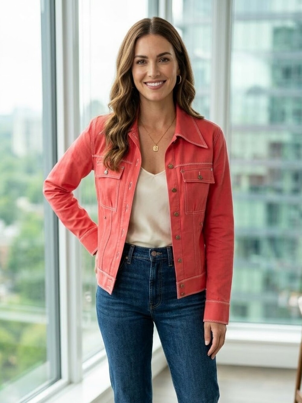 Women’s Coral Button-Front Jacket with Contrast Stitching